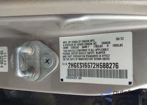 2002 Honda Civic Lx from USA, damaged, VIN 2HGES16572H588276